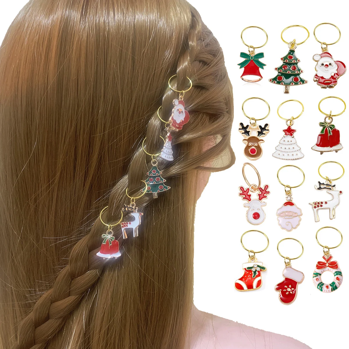 12Pcs/Set Fashion Christmas Hair Rings Braid Dreadlocks Bead Hair Cuffs Dread Charm Dreadlock Jewelry Hair Accessories