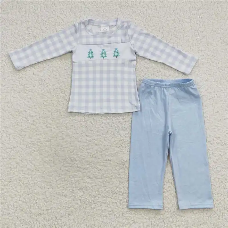 Embroidered Christmas Tree Plaid Blue Long Sleeve Trouser Set