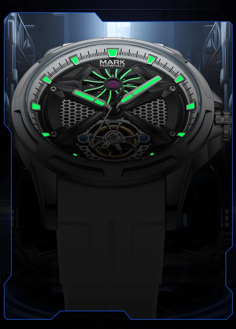 ساعة مارك فيرويل أوتوماتيكية للرجال 43 ملم ساعة يد ميكانيكية 30 متر مقاومة للماء بمينا هيكل عظمي مضيء