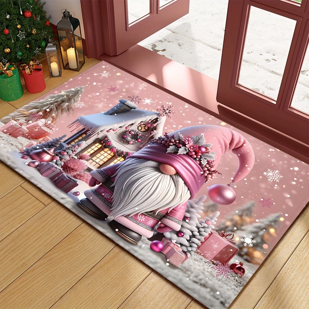VIKAMA Charming Pink Christmas Gnome Door Mat Rug For Bedroom Carpet For Living Room Soft Absorbent Bathroom Mat Kitchen Rug