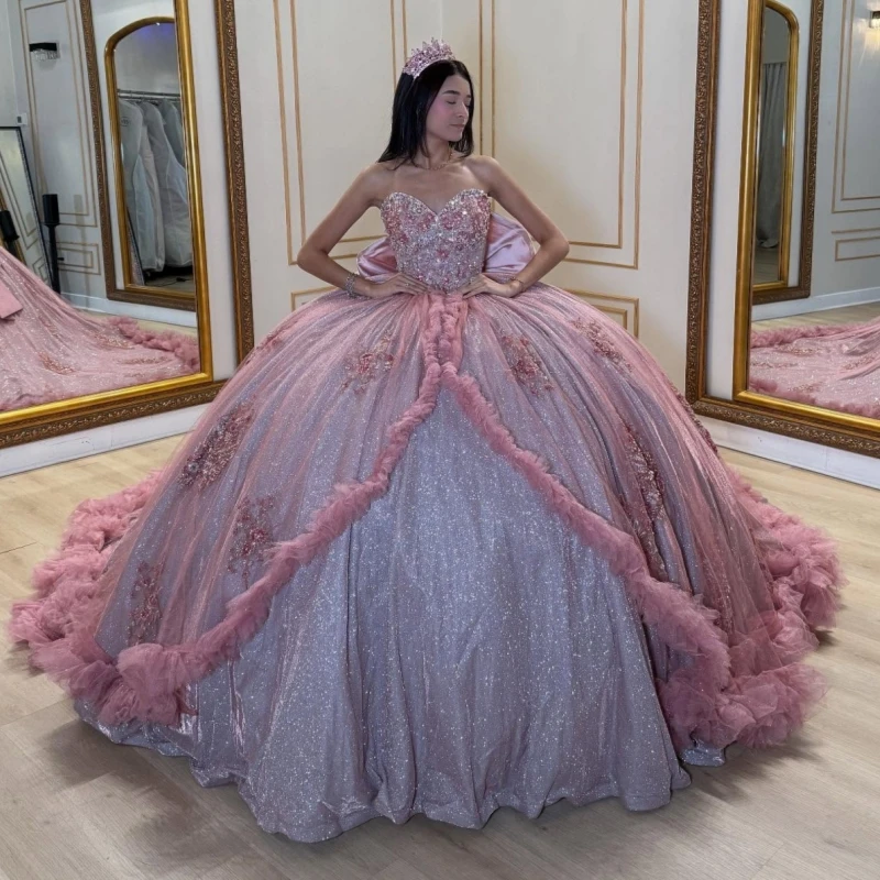 

Pink Shiny Quinceanera Dresses Ball Gown Off The Shoulder Applique Lace Beading Crystal Bow Tiered Tull Corset Party Birthday