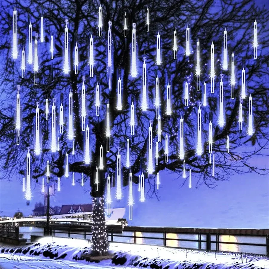 ไฟต้นคริสต์มาสฝนดาวตกกลางแจ้งไฟ 8 หลอด 288LEDs หิมะตก Rain Cascading Icicle ไฟสําหรับ Xmas Tree Decor