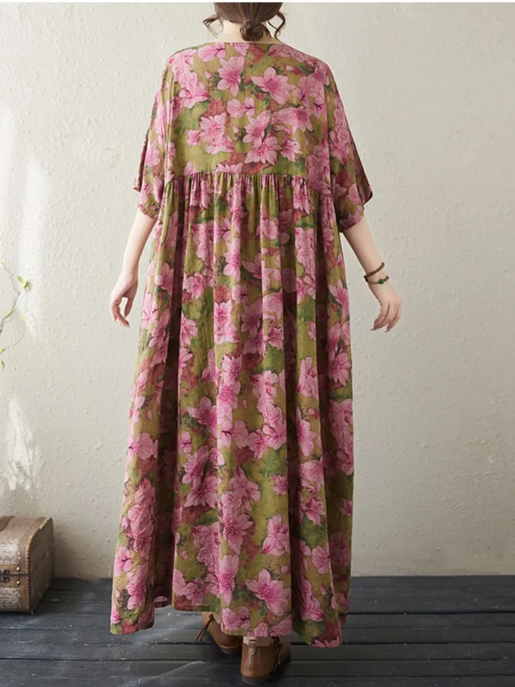 Oversized Bloem Bloemen Lange Zomerjurk Vrouwen Losse Ruche Geplooide Mode Dames Jurken Korte Mouw Casual Vrouw Jurk