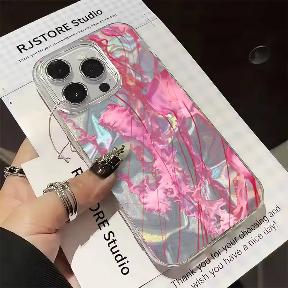 

Pink Jellyfish Phone Case For iphone 16 15 14 13 12 11 Pro Max E Plus Silver Laser Satin Aurora Gradient