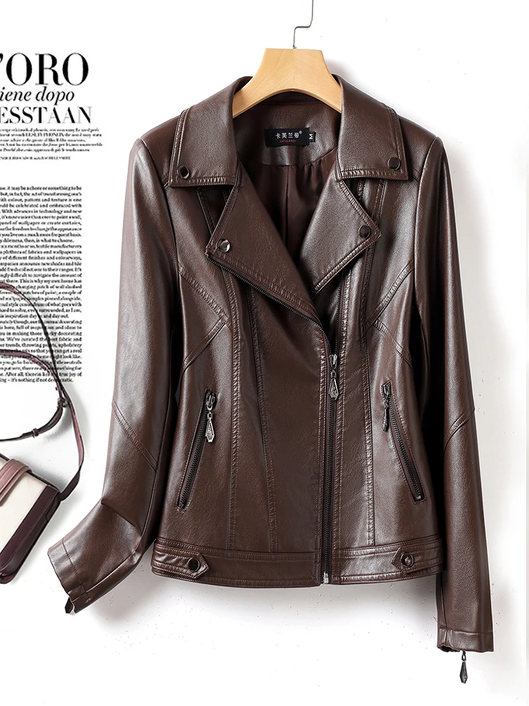 Giacca da motociclista in vera pelle da donna, slim fit, con colletto a giacca, alla moda, effetto snellente, Collezione Primavera 2025