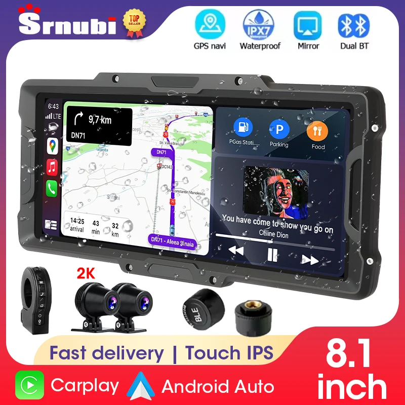 

Srnubi Portable 8.1 inch IP67 Waterproof Motorcycle 2K DVR GPS Navigation Wireless Carplay Android Auto Moto Recorder Monitor