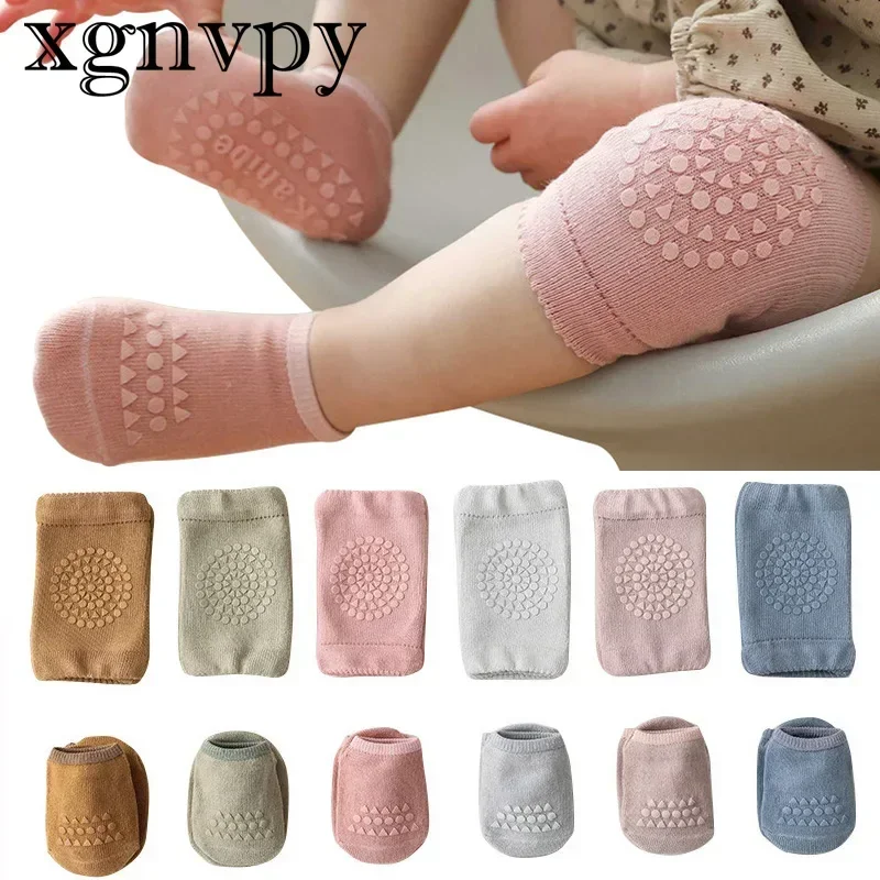 xgnvpy Baby Knee Pads Socks Set Solid Color Anti Slip Socks Kneecap Kid Crawling Safety Floor Socks Knee Protector for Girls Boy