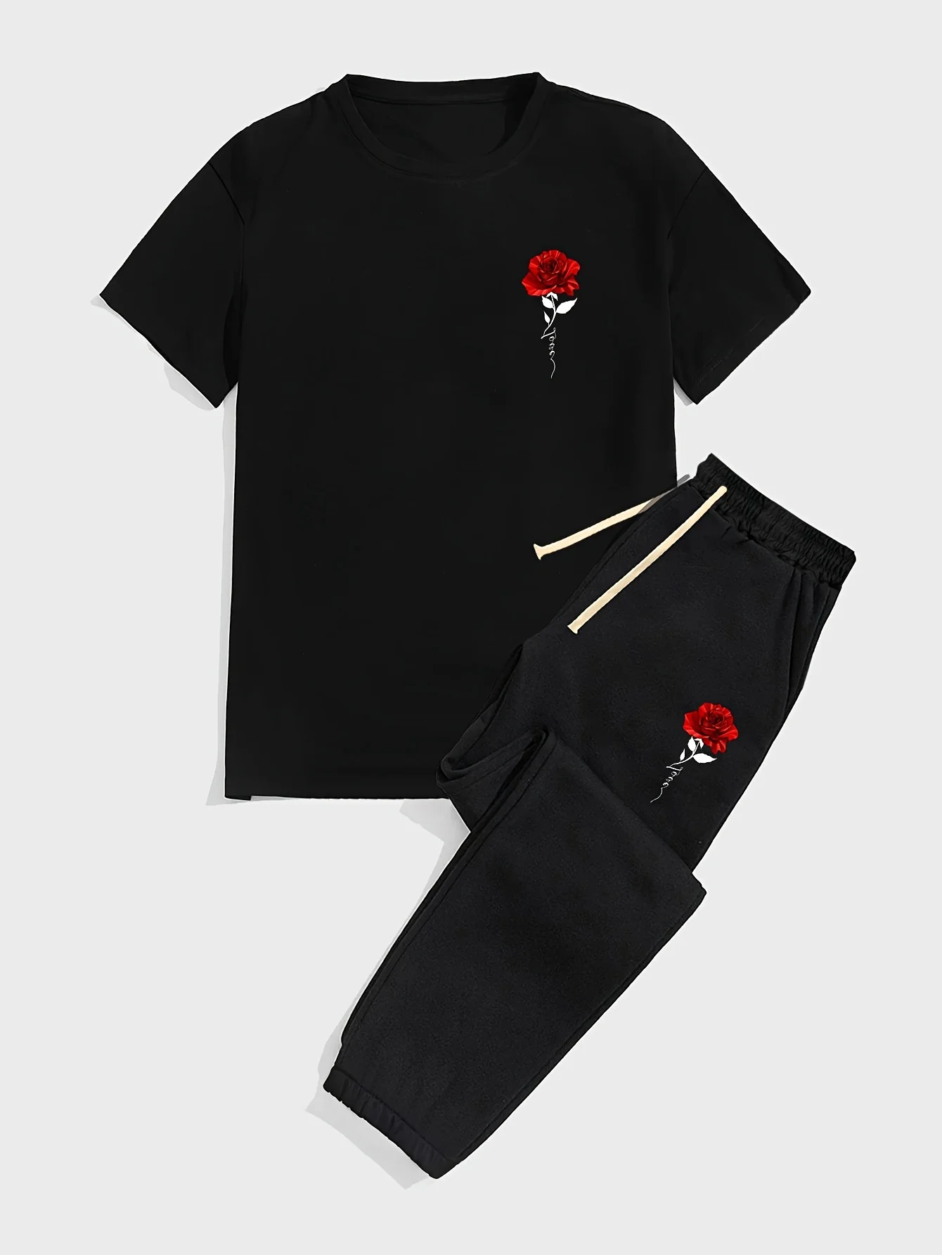 Men's fashion new summer rose print breathable and comfortable round neck T-shirt pants set outdoor street casual clothing