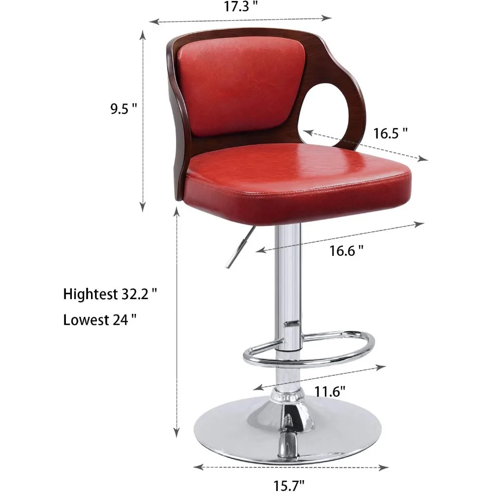 Bar Stool, Walnut Bentwood Adjustable Height Leather Modern Barstools with Back Vinyl Seat Extremely Comfy Bar Stool