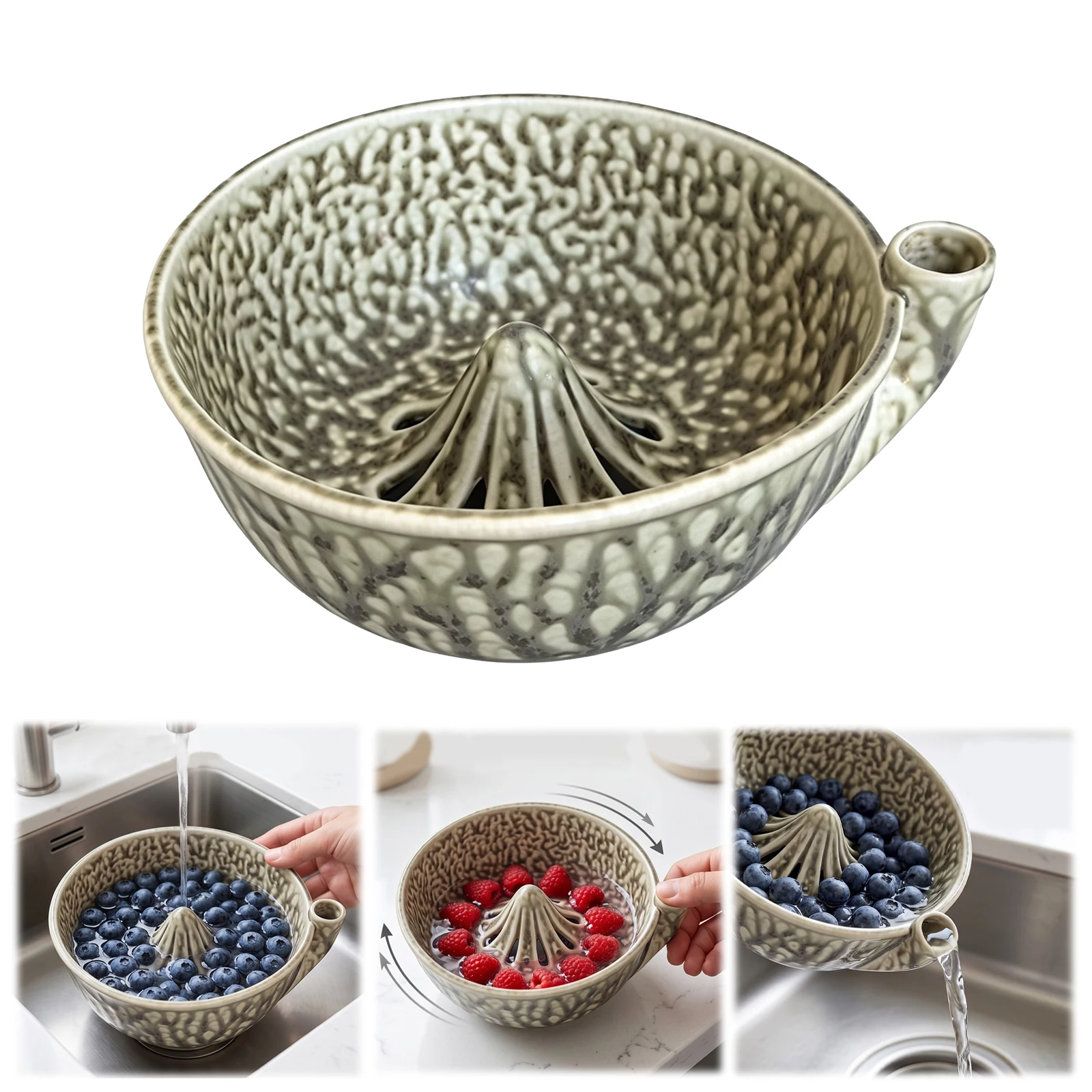Ceramic Berry Bowl Colander with Drainage Swirling Berry Bowls 360 Degree Rotating for Home Kitchen Cleaning Berries Vegetables