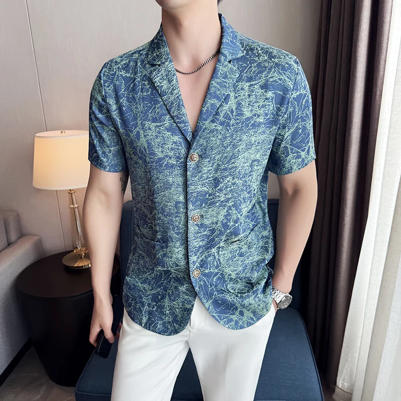 

Blazer Masculino High Quality Ice Silk Short Sleeve Blazers For Man Korean Elegant Slim Fit Casual Men's Summer Jacquard Jackets