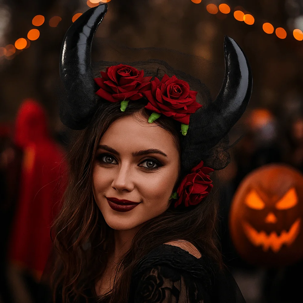 

Flowers Design Halloween Cow Horns Headband Lace Trim Unique Sheep Horn Headband Fashion Red Rose Headband Costume Party