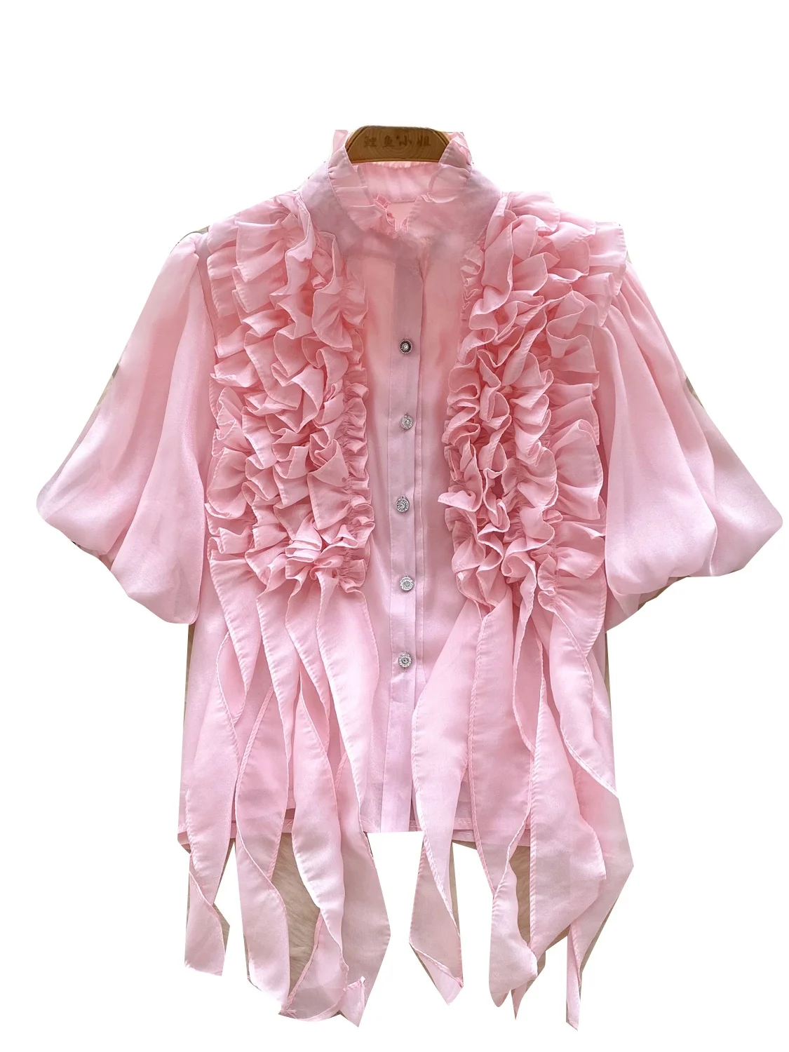 Bluzka damska z stójką, falbankami, bufiastymi rękawami, słodka, uniwersalna, zapinana na jeden guzik, elegancka, koreańska, luźny krój...