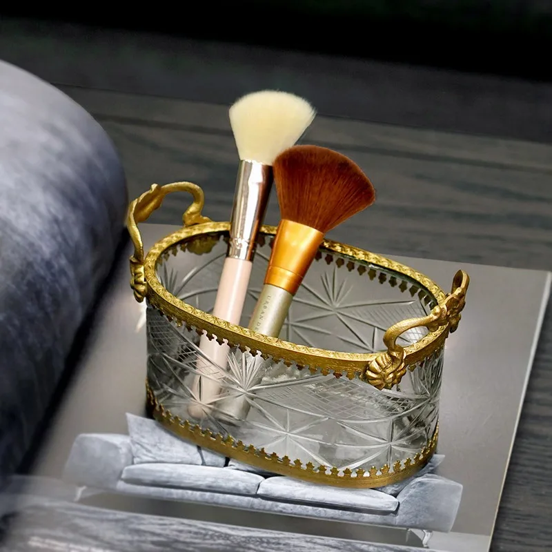 Engraved glass European retro handmade makeup brush storage bucket decoration nostalgic binaural pen holder ornament