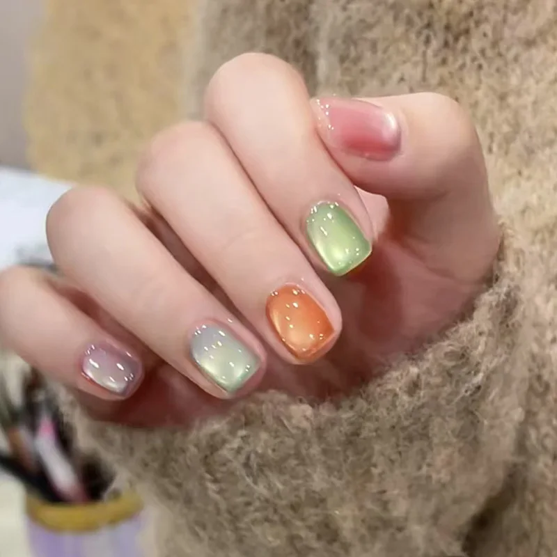 

30Pcs Short Coffin Press-on Nails: Solid Magnetic Cat Eye in Orange, Purple, Green, Pink & Lake Blue - Multicolor Magic