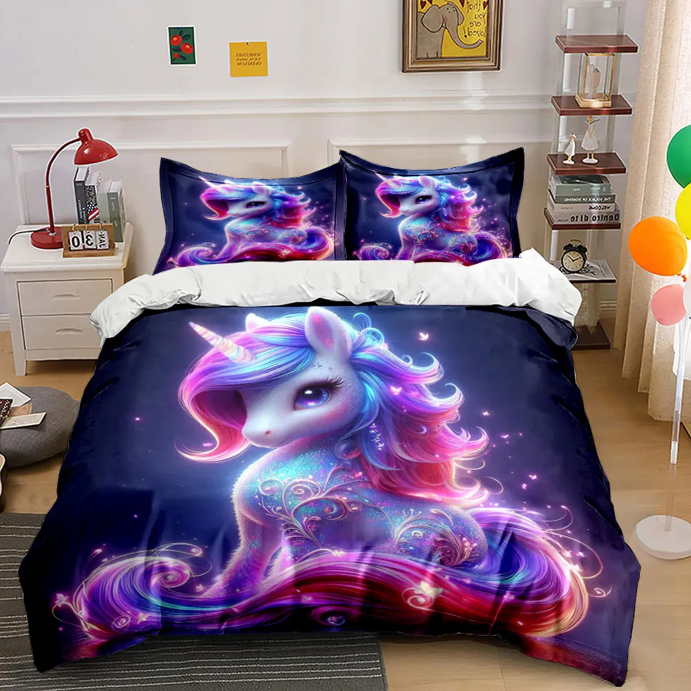 Dreamy Unicorn with Colorful Glow Printed Duvet Cover Set1 Duvet Cover+2 PillowcaseMulti Size Bedroom Bedding Decor