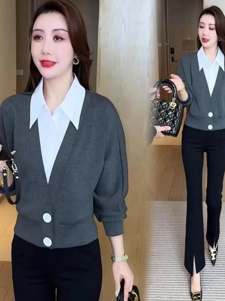 

Women's Knitted Loose Long Sve irt Collar Fake Two-Piece Top Spring 2025 Faion Outerwear Long Sve Knit Splicing Cov...