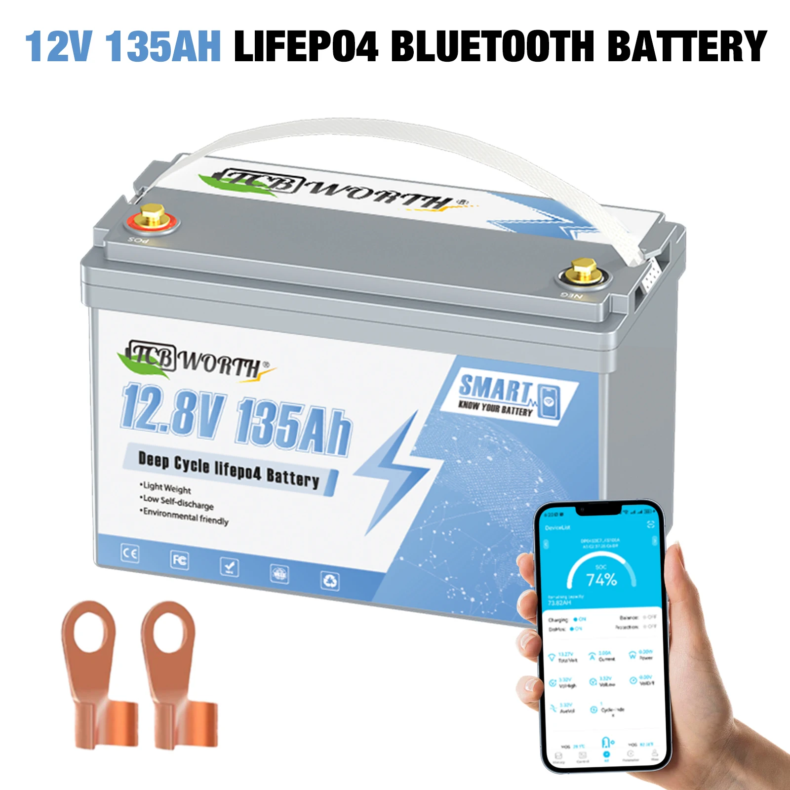 

TCBWORTH 12V 135Ah Bluetooth LiFePO4 Lithium Battery,7000+ Cycles Rechargeable Battery with BMS,for Marine,Trolling Motor,Solar
