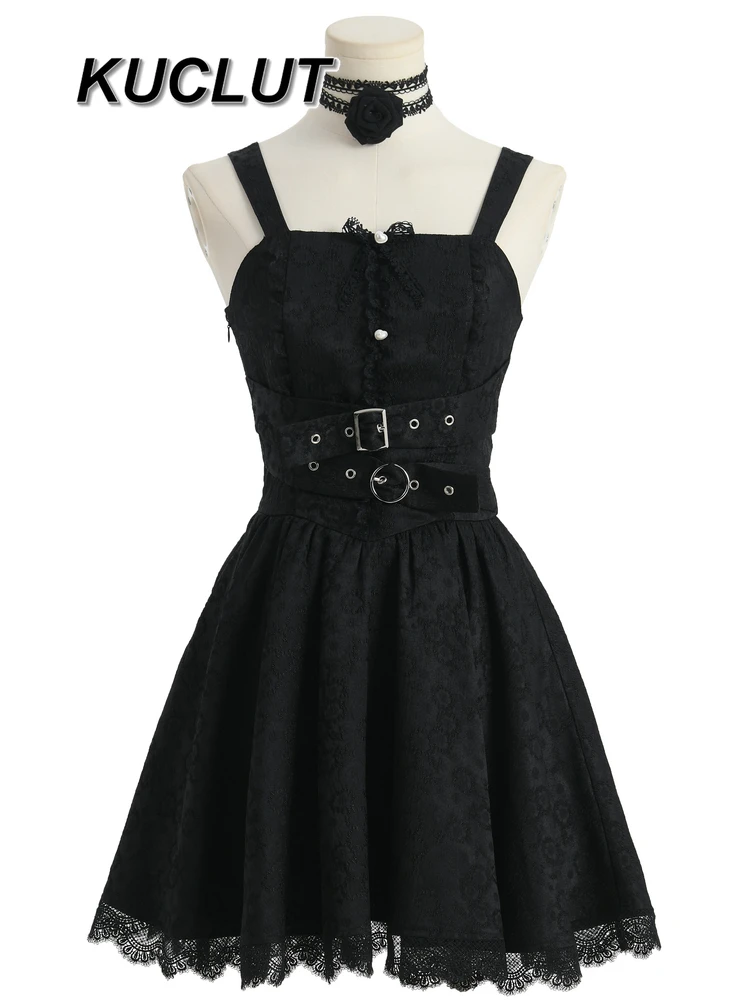 

Skinny Sexy Punk Y2k Lolita Style Short Dresses for Women Lace Solid Color Black Ladies Spaghetti Strap Dress Summer 2025 New