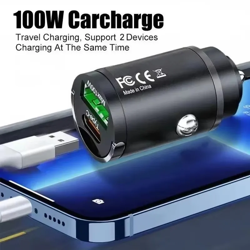 100W Mini Car Charger QC 3.0 Fast Charging PD USB Type C Pull Ring Car Phone Charger Adapter For Iphone 15 Xiaomi Samsung Huawei
