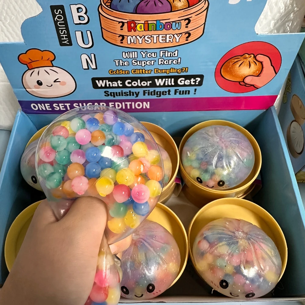 2026 Hot Rainbow Dumpling Squishy with Bead Sensory Squeeze Toys for Stress Relief with Bamboo Steamer Funny Kawaii Toy Gifts