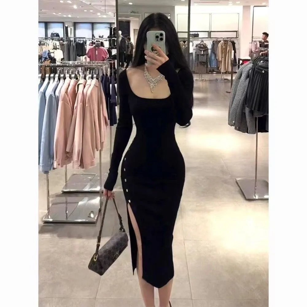 

Pure Desire Sle Square Collar Long Sve Women's Dr Slim Fit Waist Cinched mid Length Ci Commute Suitable A-Line Skirt