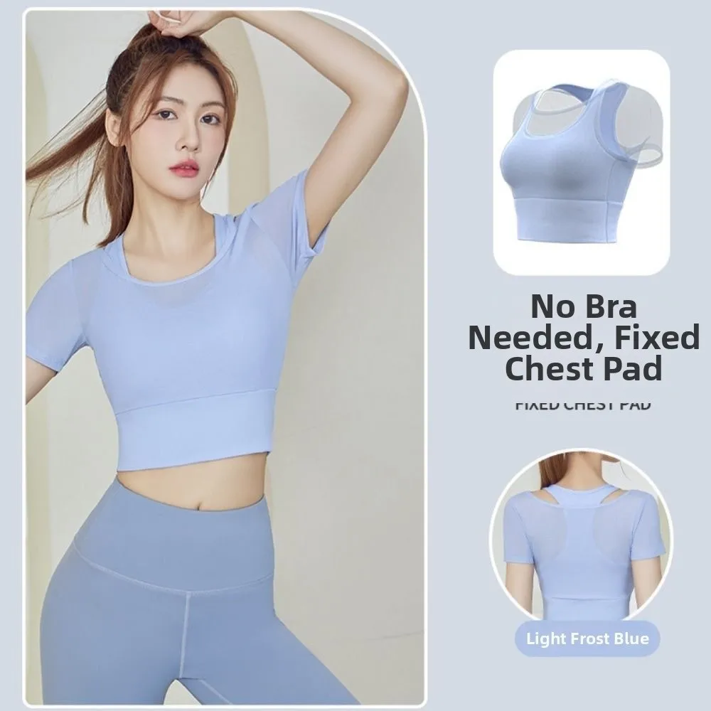 

Fake Two Pieces Short Sleeve Women Yoga Shirts Fake 2 Pieces Mesh Sports Tees Breathable Crop Top Gym Tops Yoga