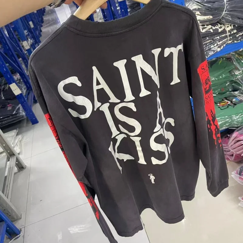 Vintage Dark Grunge Long Sleeve T-Shirt Black Blood Splash Sleeve Graphic Top