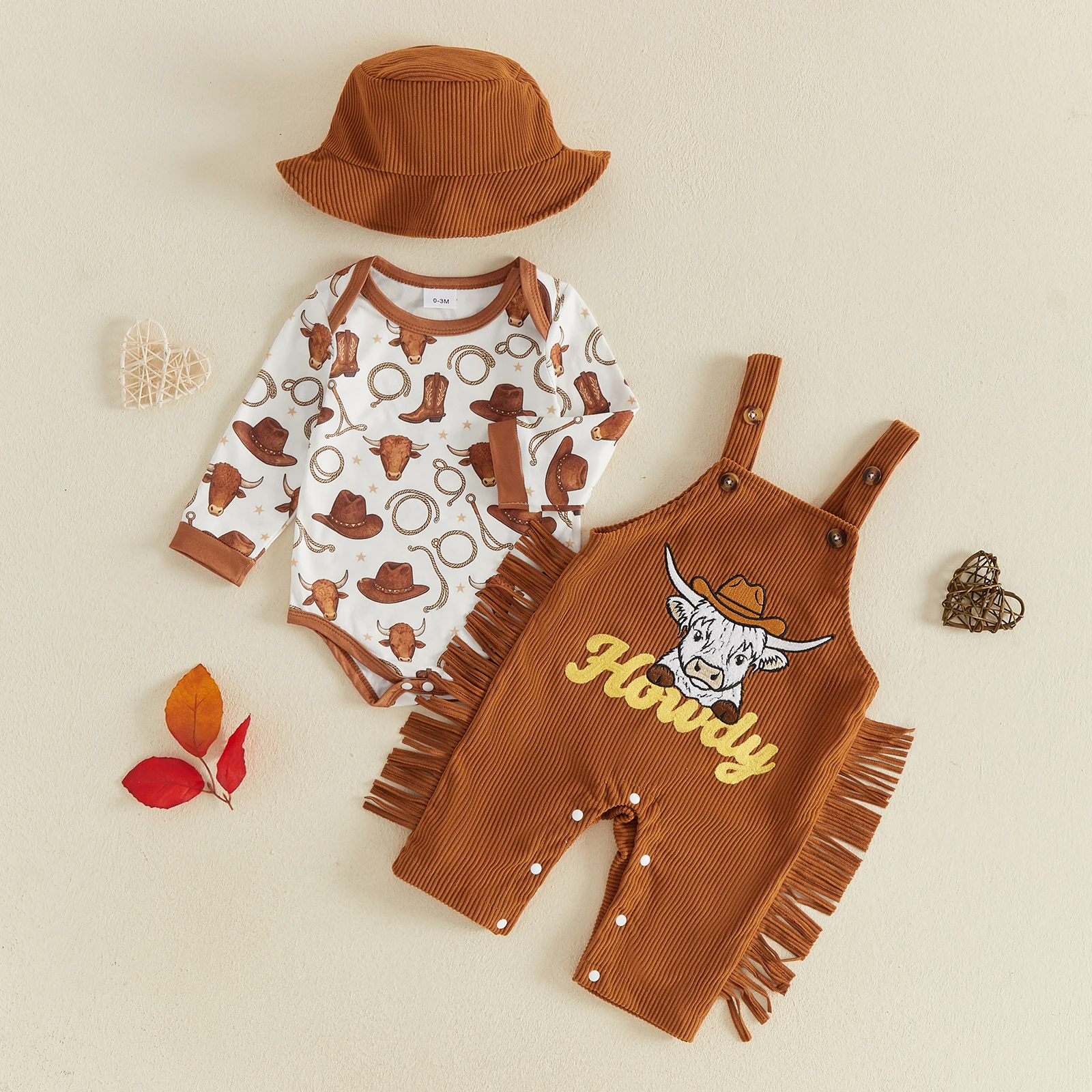 3pcs Set Baby Boy Fall Outfits Cow Head Print Long Sleeve Romper Tassel Corduroy Overall Pants Hat Boys West Clothes Set