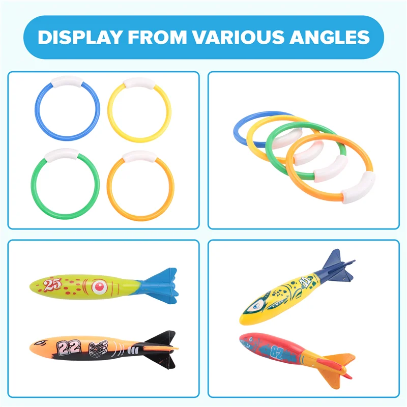 Anelli per immersione subacquea per piscina da 8 pezzi, banditi Torpedo da lancio per immersioni per set regalo per bambini. Addestramento alla immersione per l'apprendimento