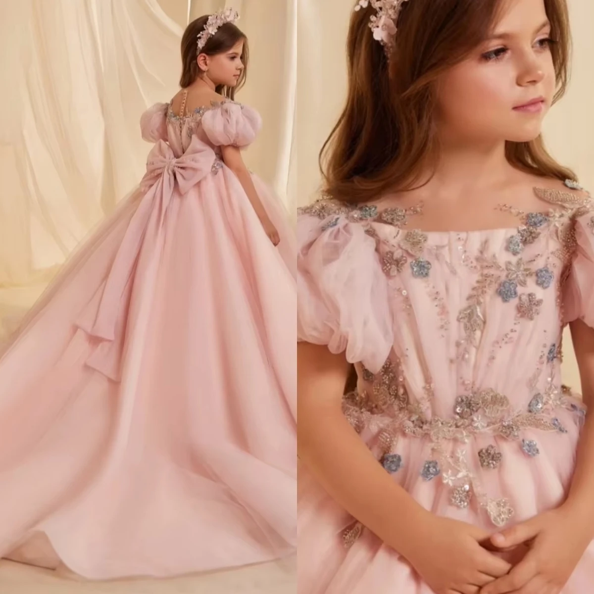 Pink Floral Embroidery Beaded Lace Princess Gown For Kids Birthday Party Festival Performance Cute Sweet Bow Flower Girl Dress