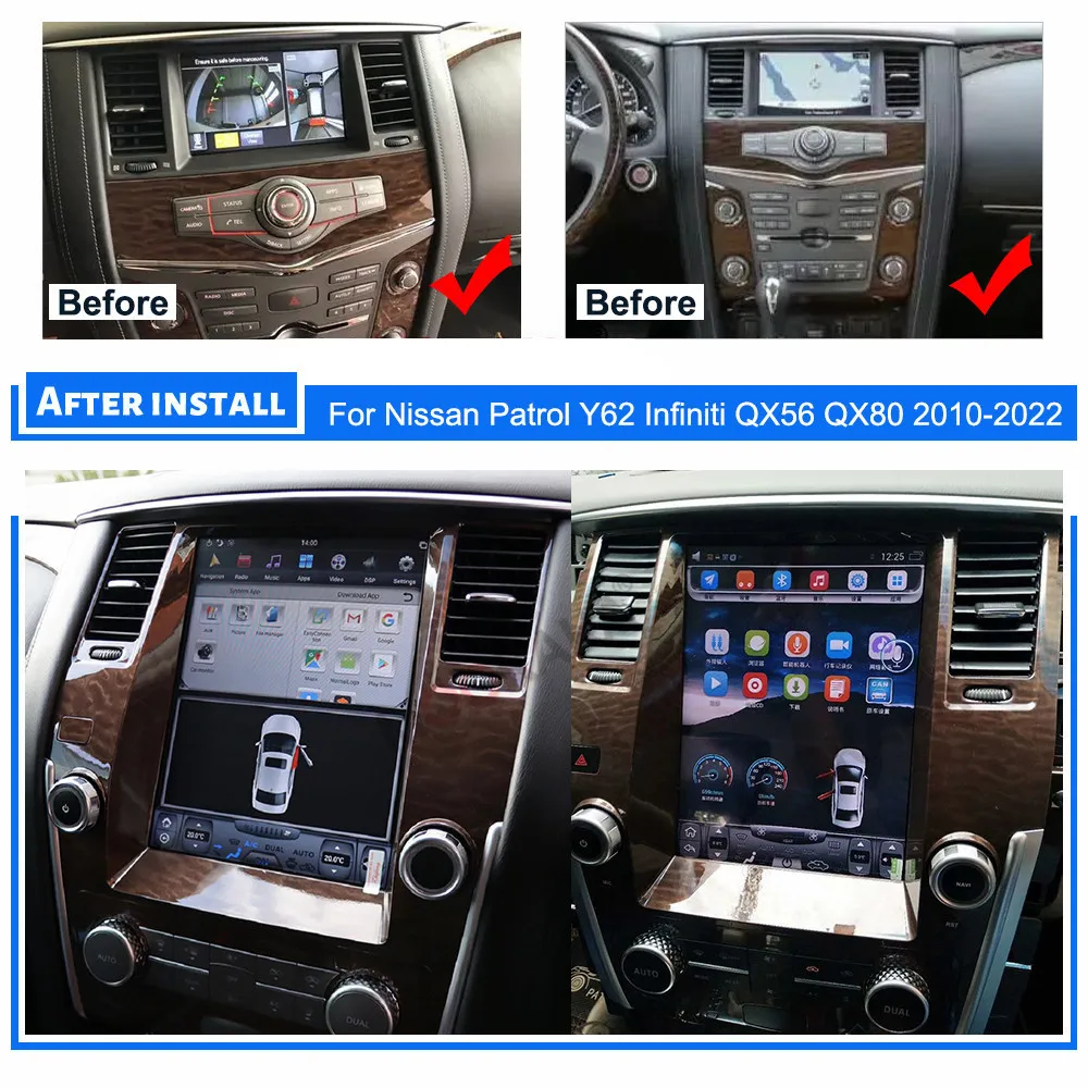 أندرويد 14 السيارات سيارة الملاحة Carplay لنيسان باترول Y62 إنفينيتي QX56 QX80 2010-2022 مشغل وسائط متعددة راديو رئيس وحدة