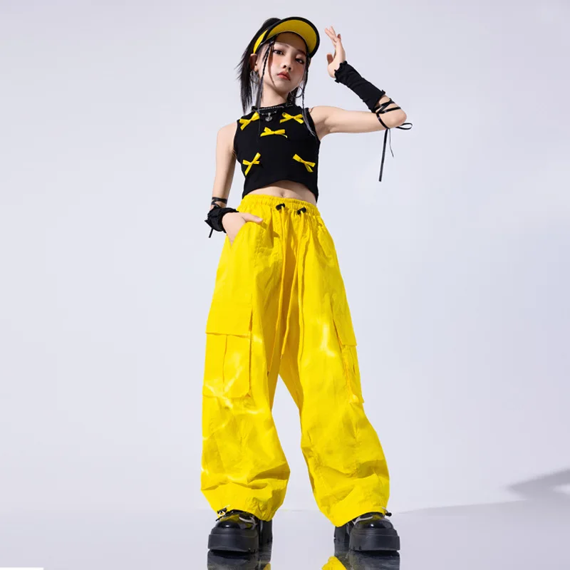 Kids Hip Hop Bow Crop Top Street Dance Cargo Pants Girls Sweet Streetwear Children Jazz K-pop Costumes Teens Stage Clothes Sets