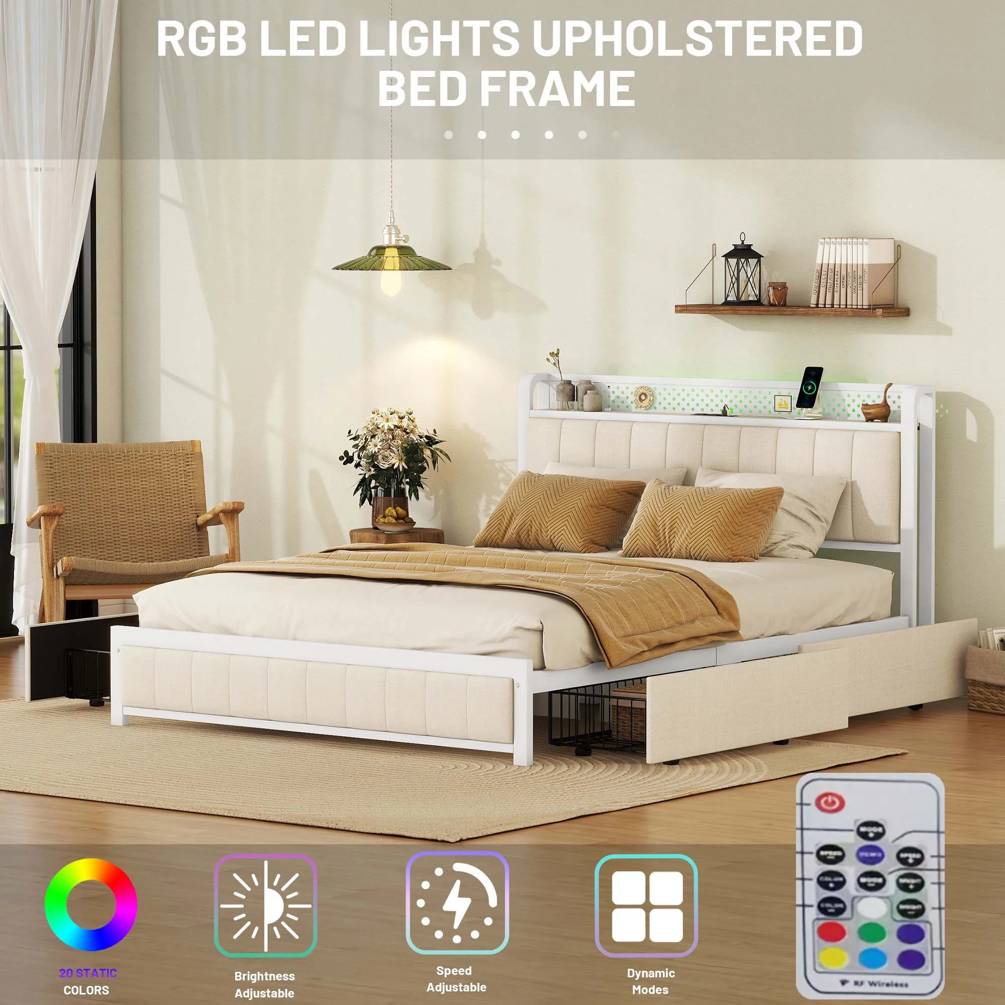 Queen Bed Frame with LED Headboard, Upholstered Bed with 4 Storage Drawers and USB Ports Bedroom Furniture