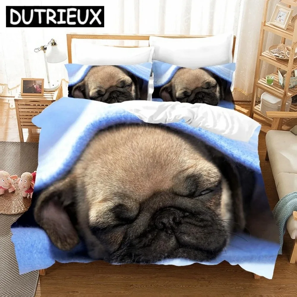 Cute Pugs 3D Duvet Cover King Size Animal Dog Printed Black White Quilt Cover Pillowcase Set Custom Bed Linen Kids Bedding Set