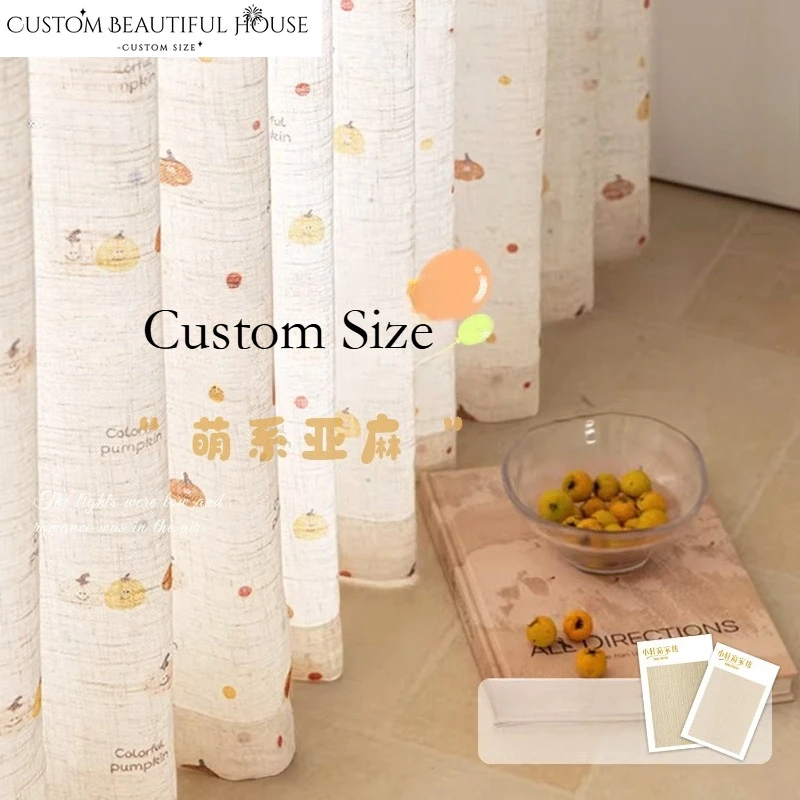 Cute Pumpkin Dopamine Print Linen Jelly Bean Cream for Kids Luxury Curtains for Living Dining Room Bedroom Fashion Elegant