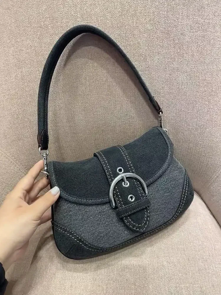 Women\'s Cowboy Underarm Bag 2024 New Fashion High end Texture Shoulder Bag Popular Commuter Retro Spliced Luxury Handbag