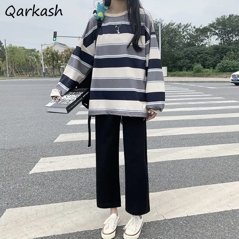 

Pant Sets Women Outfits Thin All-match Spring Pullover O-Neck Loose Striped Sweatshirt Elastic Waist Black Ankle-Length Trousers