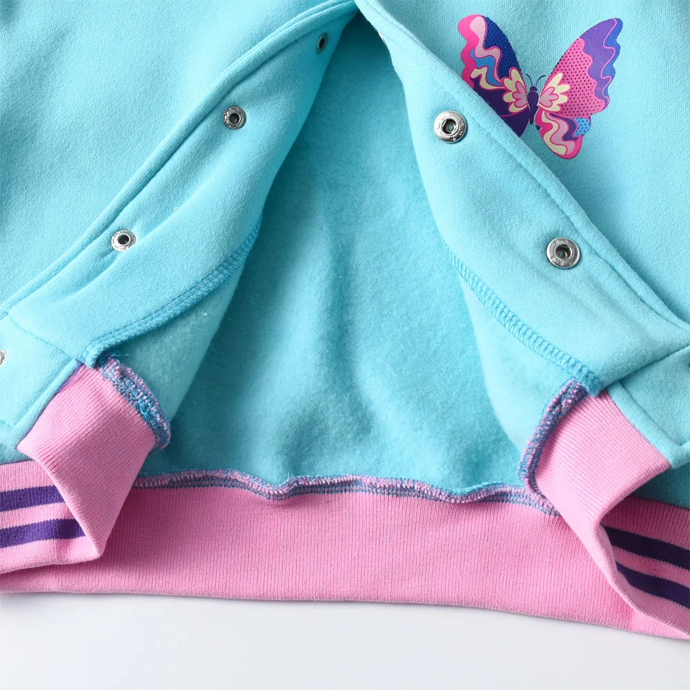 Mädchen Mantel mit Schmetterlingsdruck und blauen Knöpfen, für Kinder, Herbst, Frühling, Patchwork, Freizeitmantel, Oberbekleidung, Baseballjacken, Kinderkleidung – Detail 5