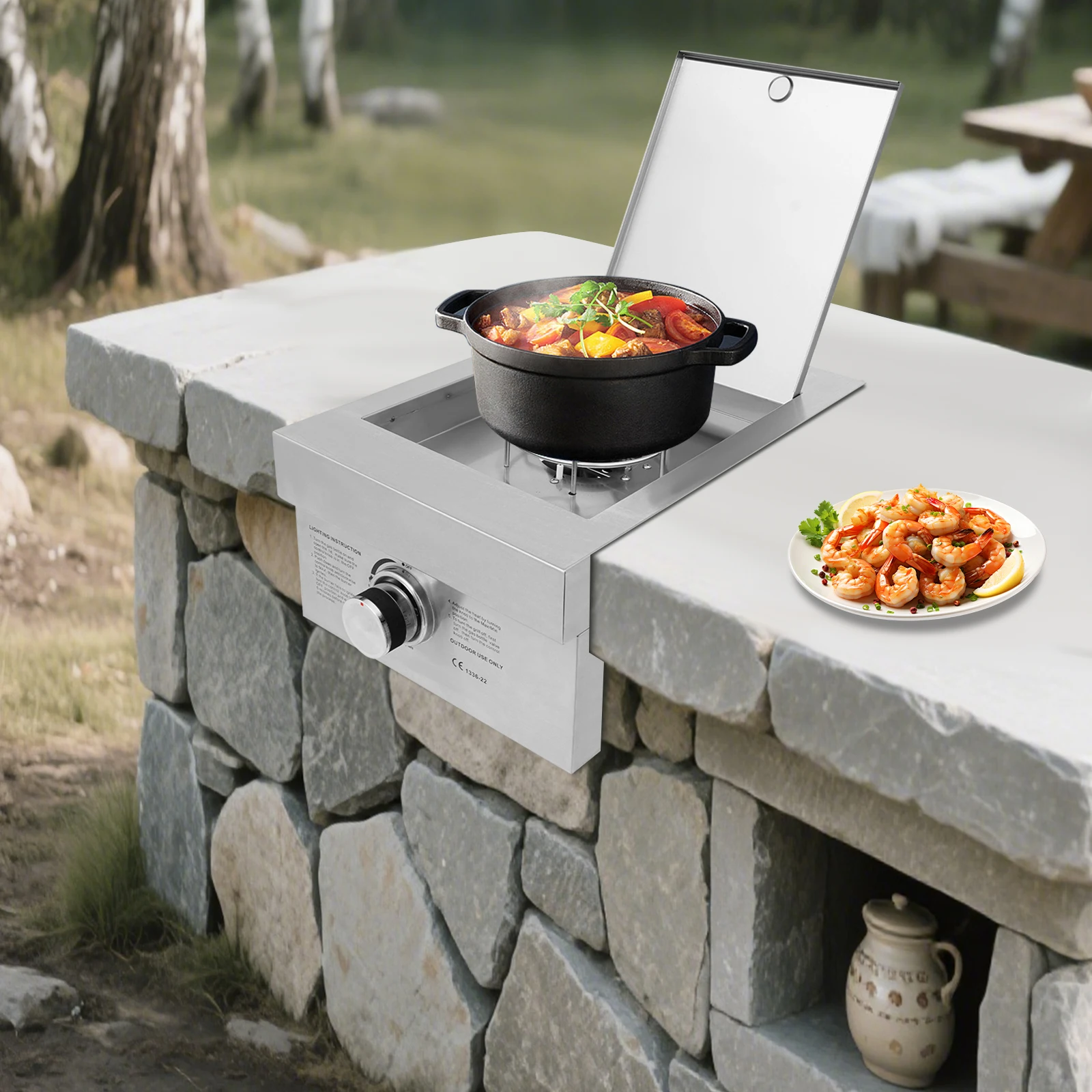 موقد غاز، مدمج/خارجي، 304 من الفولاذ المقاوم للصدأ، موقد غاز طبيعي محمول للفناء الخلفي، والتخييم، والفناء، فضي