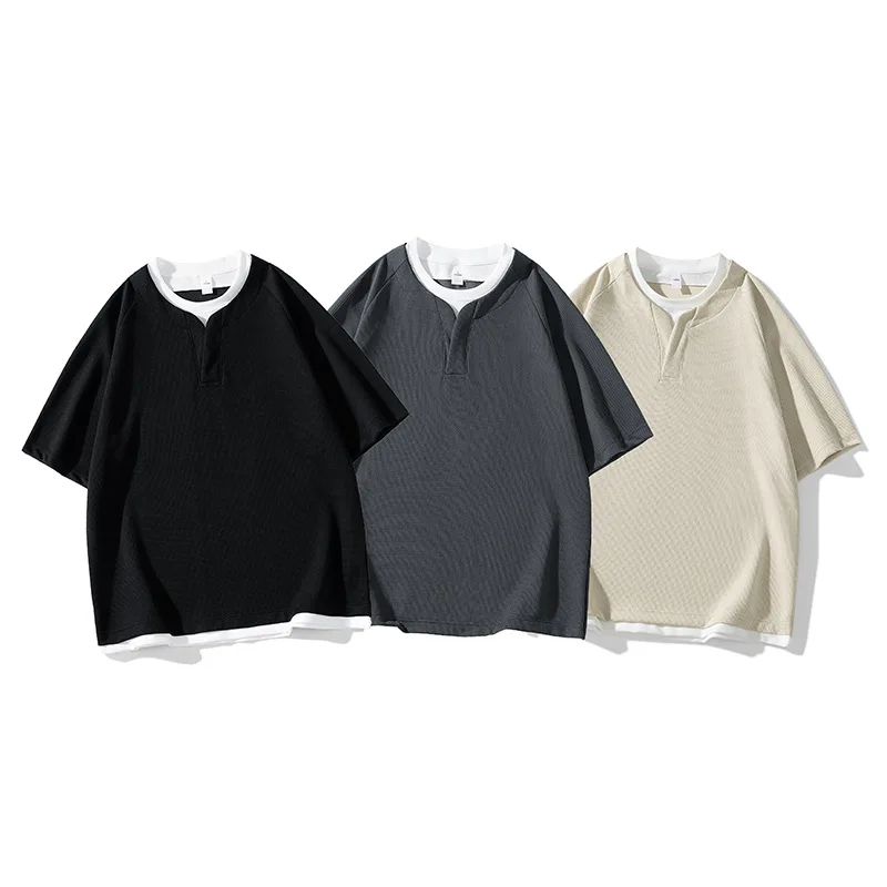 

Summer new style men's fake two-piece stitching V-neck short-sleeved T-shirt men's fashion brand men's clothing loose and casual