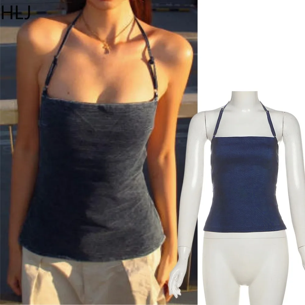 

HLJ Vintage Washed Halter Cami Top Adjustable Spaghetti Strap Sleeveless Backless Slim Fit Tank Top Ladies Y2K Streetwear New