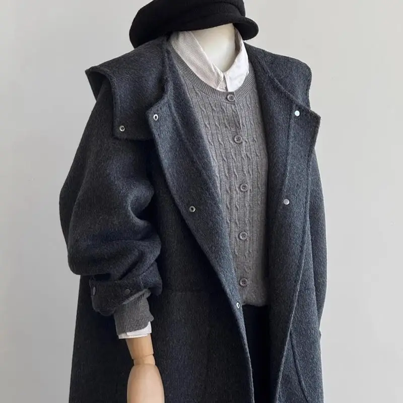 

Korean long hooded coat 2025 autumn/winter new style, fashionable and high-end, Hepburn style loose woolen coat