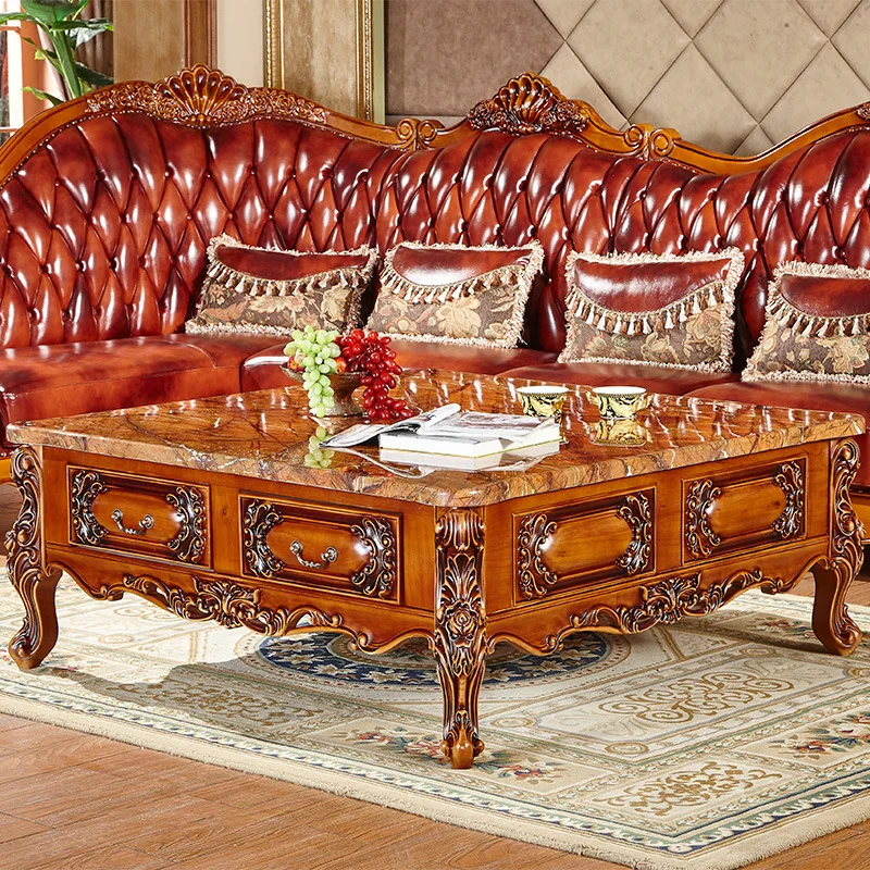 European all solid wood coffee table, living room coffee table, marble surface