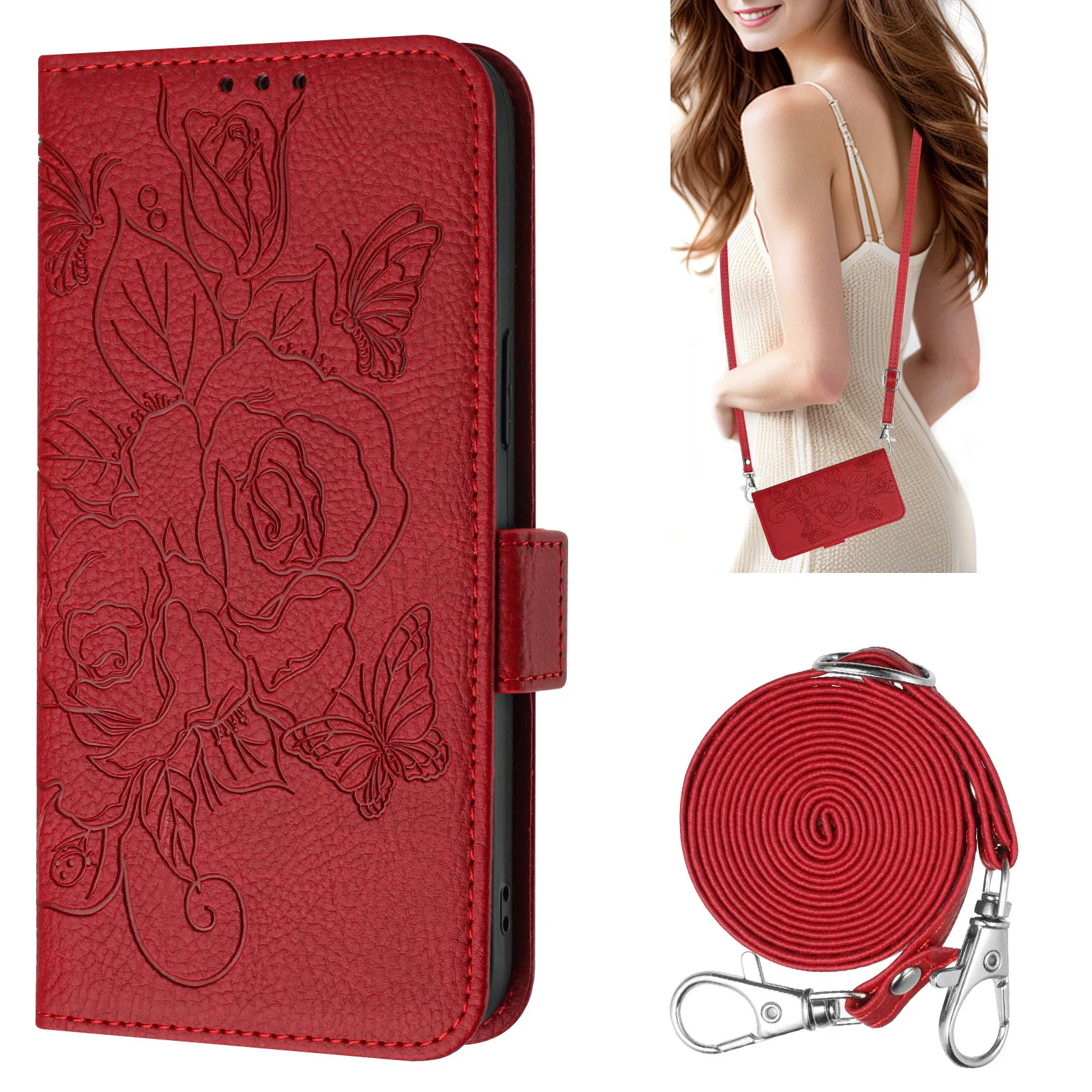 

Rose Pattern Crossbody Wallet Case For Vivo V29 Pro V29E V27 V27E V21E Leather Shoulder Strap 3 Cards Holder Book Flip Cover