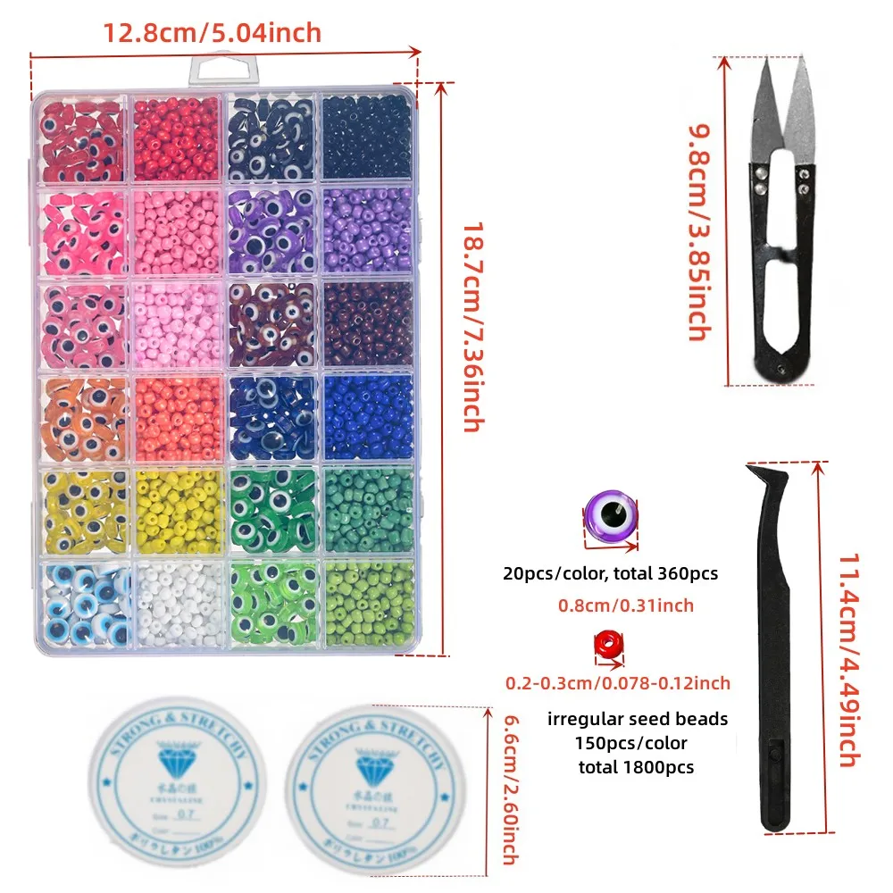 2160pcs/Box 2/3mm Seed Beads 8mm Evil Eye Spacer Beads Set With Scissors 2 Rolls Elastic Cords And Tweezers For Jewelry Making