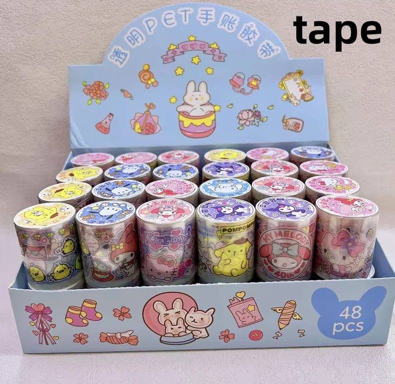 48pcs/lot Sanrio Kuromi Melody Pochacco Cinnamoroll Tapes Cute Masking Tape DIY Diary Decorative Stickers Album Stick Label