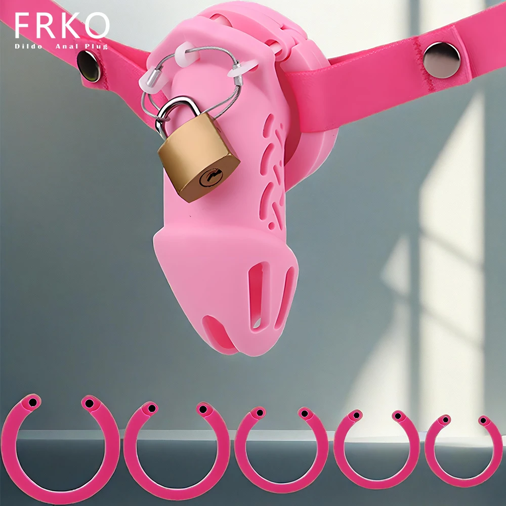 FRKO Colorful Silicone Long Male Chastity Cage Device Strapon Belt With 5 Size Cock Rings Lock Cage Bdsm Sex Toys For Men 