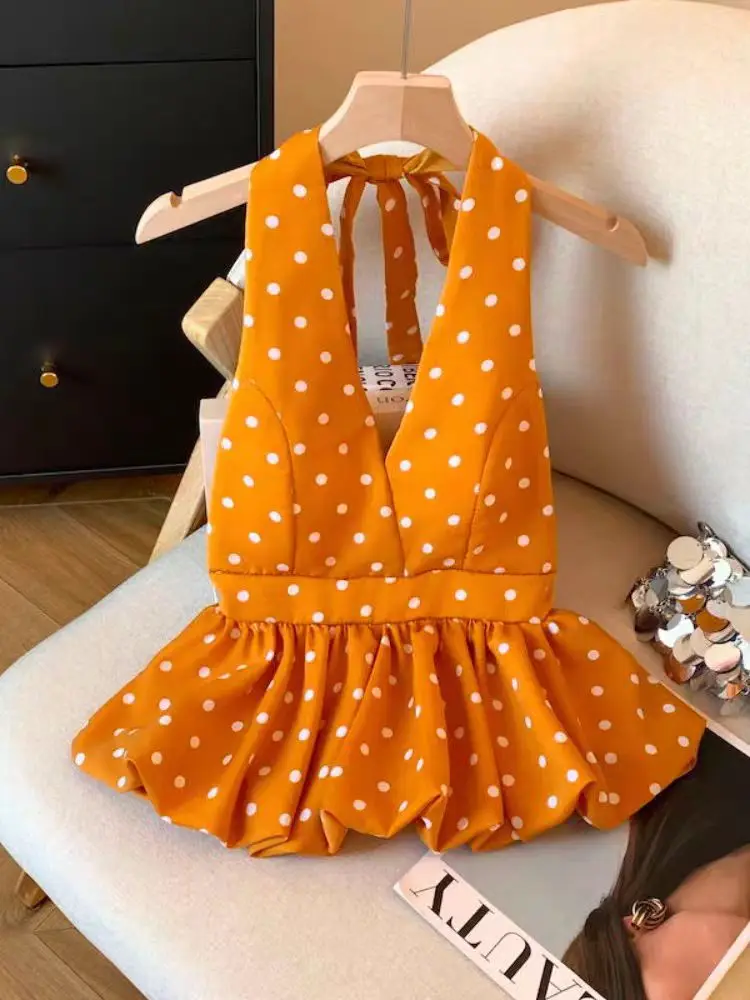 Top con cuello halter y lunares con hombros descubiertos: corpiño con cuello en V con dobladillo peplum y diseño sin espalda Blusa sin mangas de verano para mujer con sujetador
