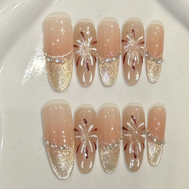 

Midnight Sparkling | Elegant Long Oval Press On Nails Cat Eyes Fake Nails 10pcs Handmade French Crystal Reusable Nail Art Tips